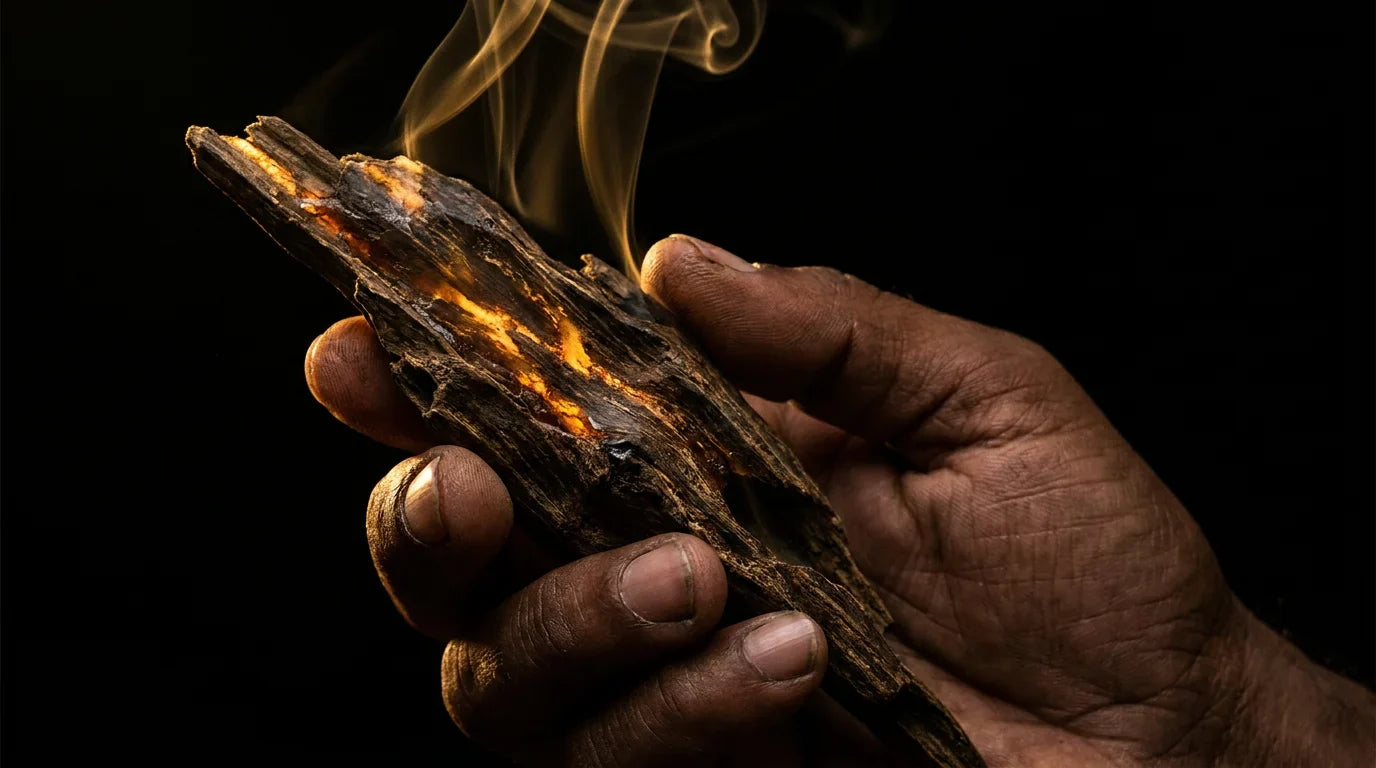 Hand holding agarwood with golden smoke — SilkwayOud hero